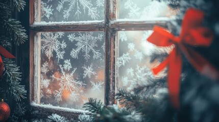 Window with delicate snowflake patterns framed by evergreen branches