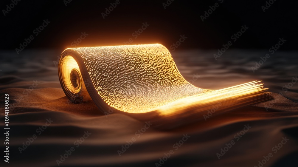 Poster a glowing scroll of ancient knowledge lies open on a dark surface, radiating light.