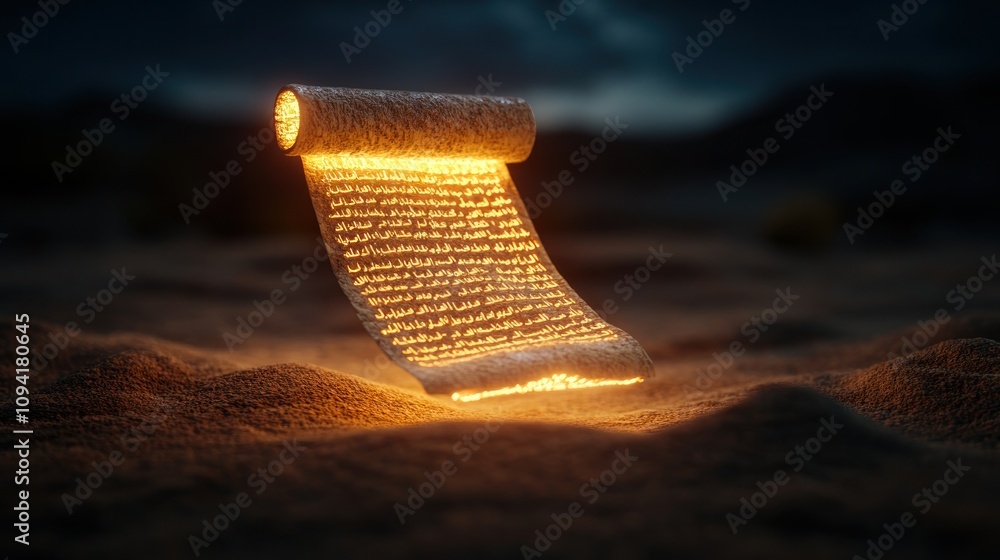 Poster a glowing scroll of ancient writing lies open on the desert sands, illuminated by an ethereal light.