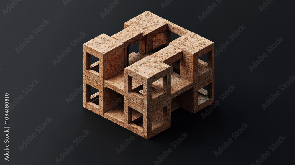 Poster abstract 3d cube structure with interconnected, square holes, rendered in a rustic brown material on