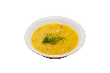 Mushroom Soup from Turkish cuisine is isolated on a white background. It is served garnished with dill.