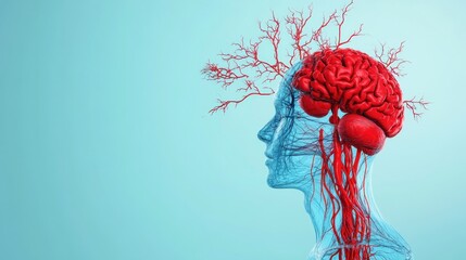 A stylized representation of a human head, showcasing a brain with red arteries and veins against a light blue background.