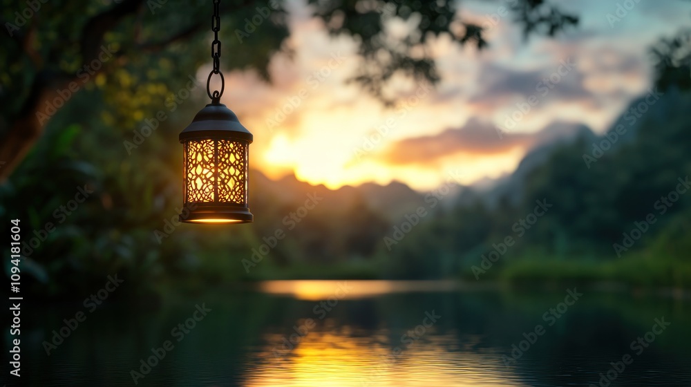 Poster a lantern hangs from a tree branch over a river at sunset, creating a warm and inviting atmosphere.