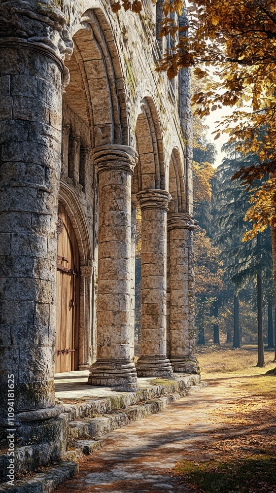 Poster a serene view of stone columns and an entrance surrounded by autumn trees.