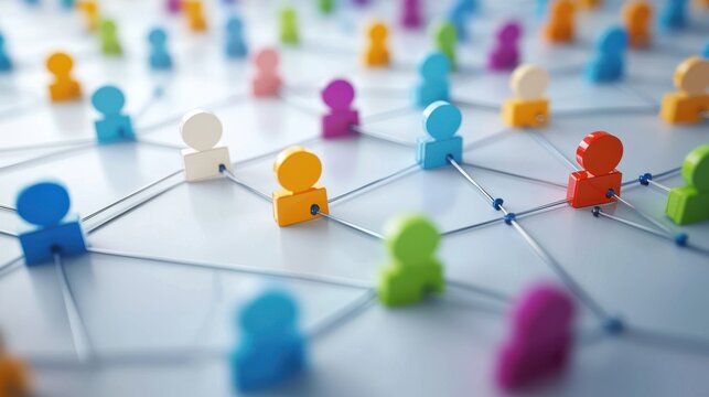 Colorful profile icons linked in a web-like network grid on clean white background