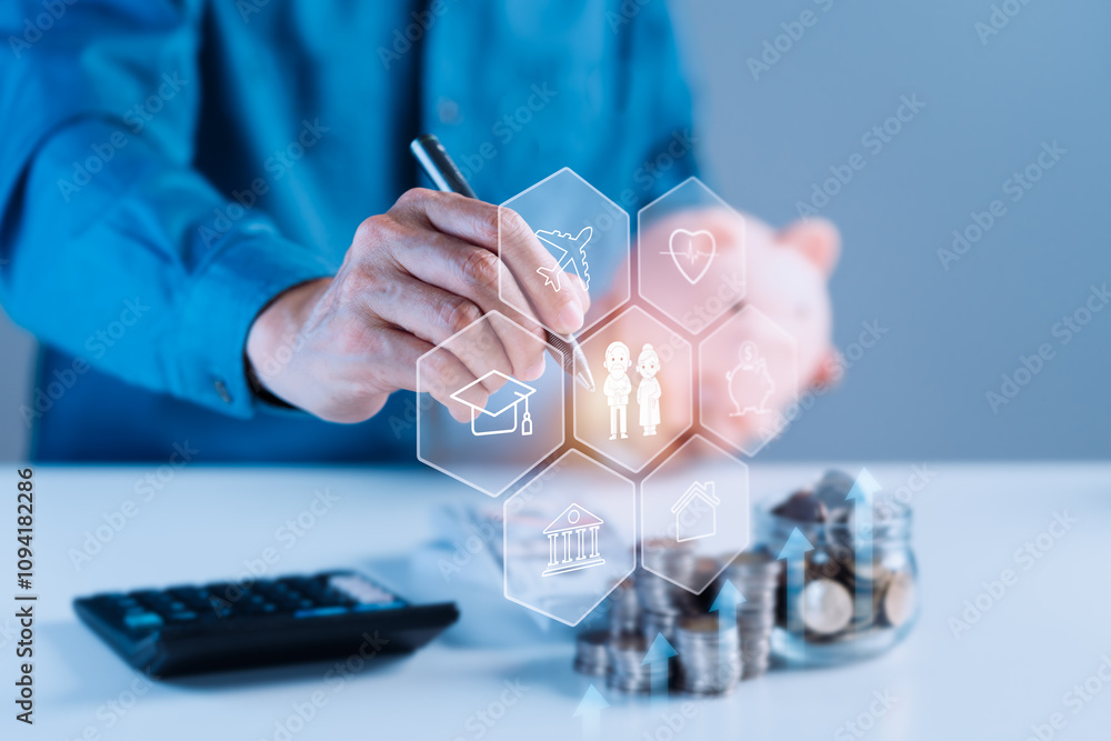 Poster man using a calculator and pointing at a screen, illustrating financial planning for retirement