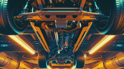 Undercarriage of a Modern Vehicle in a Garage