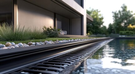 Obraz premium 3D rendering of black metal tracks running along the edge of an in-ground pool with pebbles and grass on top.