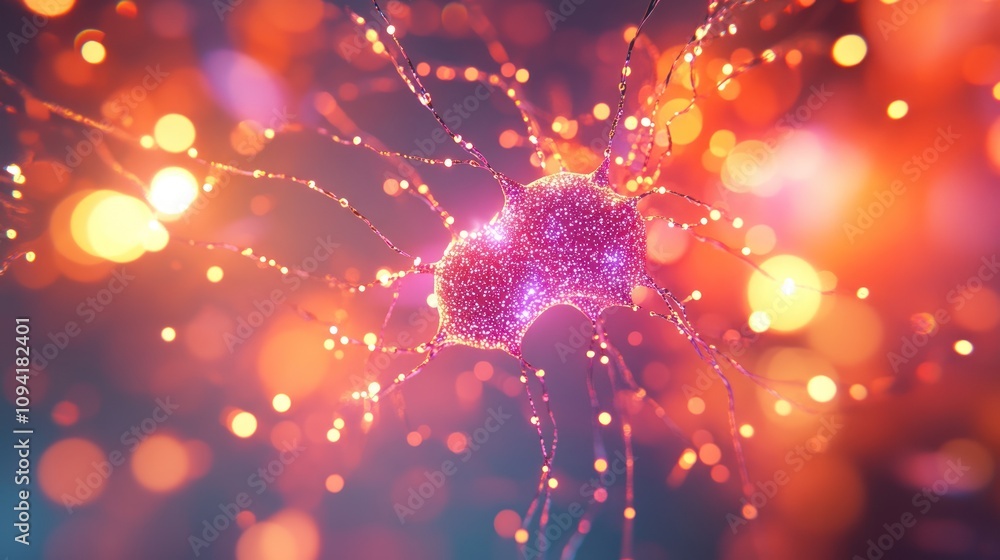 Poster a colorful representation of a neuron with glowing connections, illustrating neural networks.