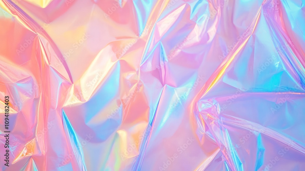 Poster a close-up of iridescent crumpled foil creating a colorful, abstract background.