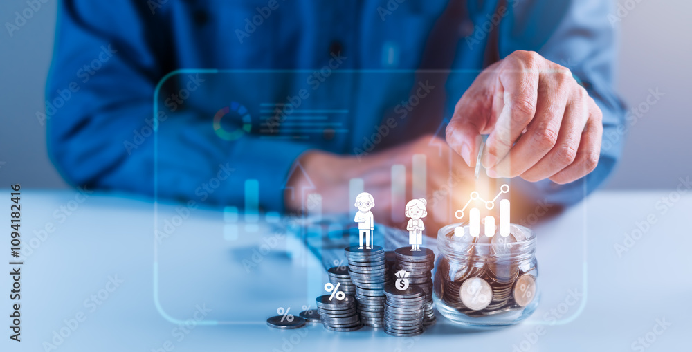 Poster man adding coins to a jar, symbolizing saving for retirement and financial planning
