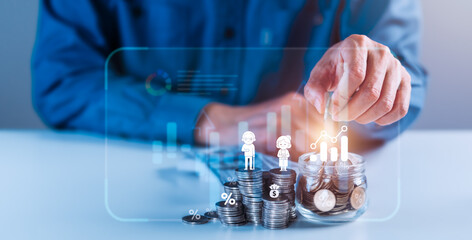 Man adding coins to a jar, symbolizing saving for retirement and financial planning