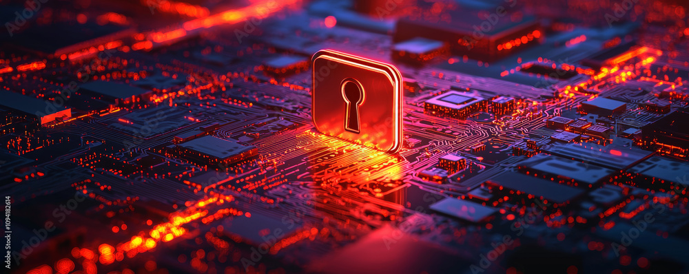 Wall mural digital padlock symbolizing security on circuit board, glowing red. image conveys sense of protectio