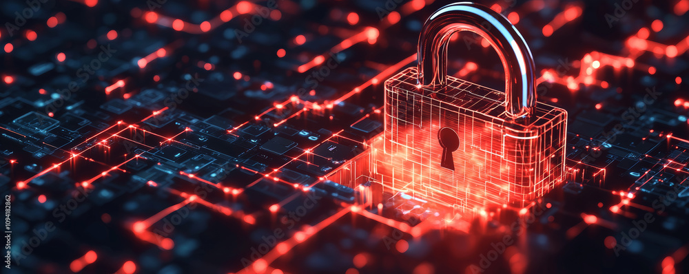 Wall mural digital padlock symbolizing cybersecurity on glowing network background, representing data protectio