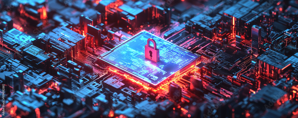 Wall mural glowing encryption padlock sits on digital circuit board, symbolizing cyber data protection and secu