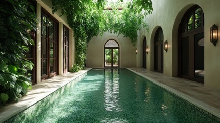 Fototapeta premium A serene indoor swimming pool with a green tiled floor and natural light streaming through the leafy vines above.