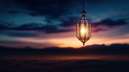Obraz premium A single lantern hangs against a dusk sky, casting a warm glow over a desert landscape.