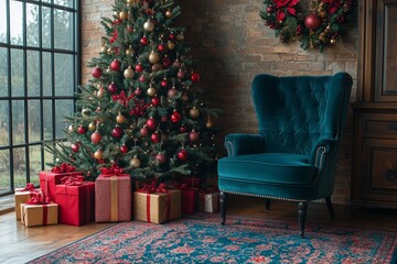 Christmas tree decorated with colourful ornaments stands in the corner of a cozy living room. reds, greens, gold, and pink accents 