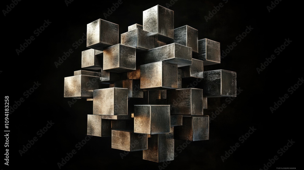 Poster abstract 3d rendering of a cluster of dark metal cubes on black background.