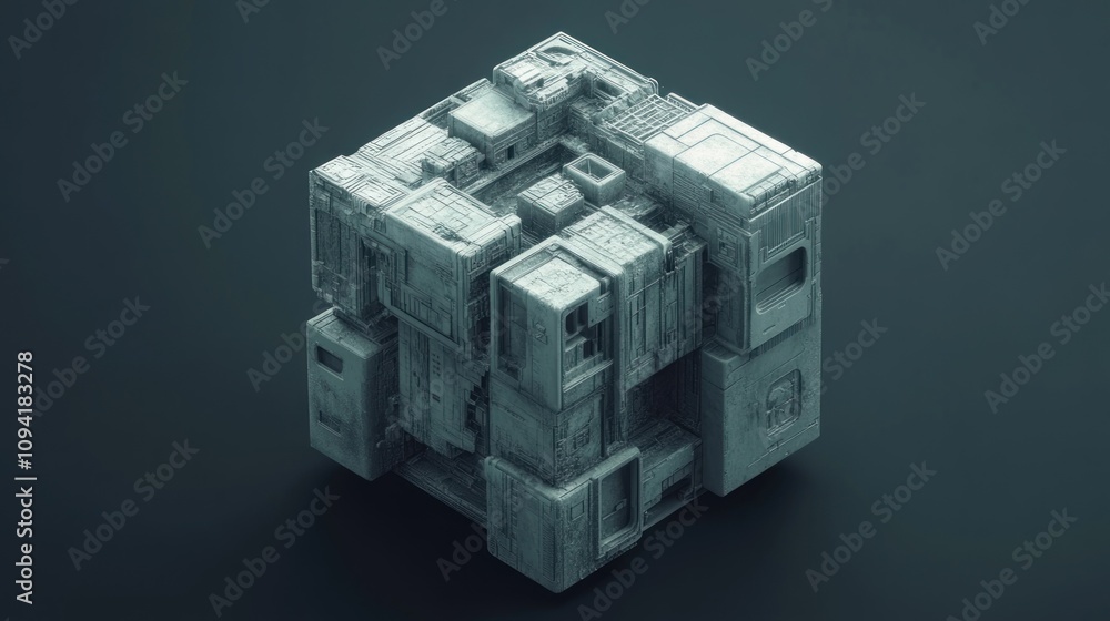 Poster abstract 3d rendering of a complex, cube-shaped structure with intricate details, resembling a futur