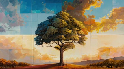 Serene Landscape with a Majestic Tree in a Gridded Composition.