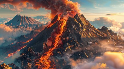 Fototapeta premium Erupting Volcano at Sunset