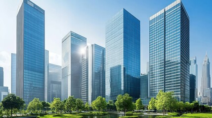 Fototapeta premium Modern skyscrapers surrounded by greenery and a reflective pond in an urban setting.