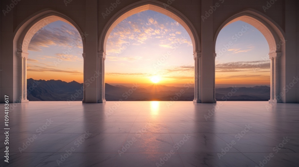 Poster a sunrise view through three arches in a white building with mountain range in the background.