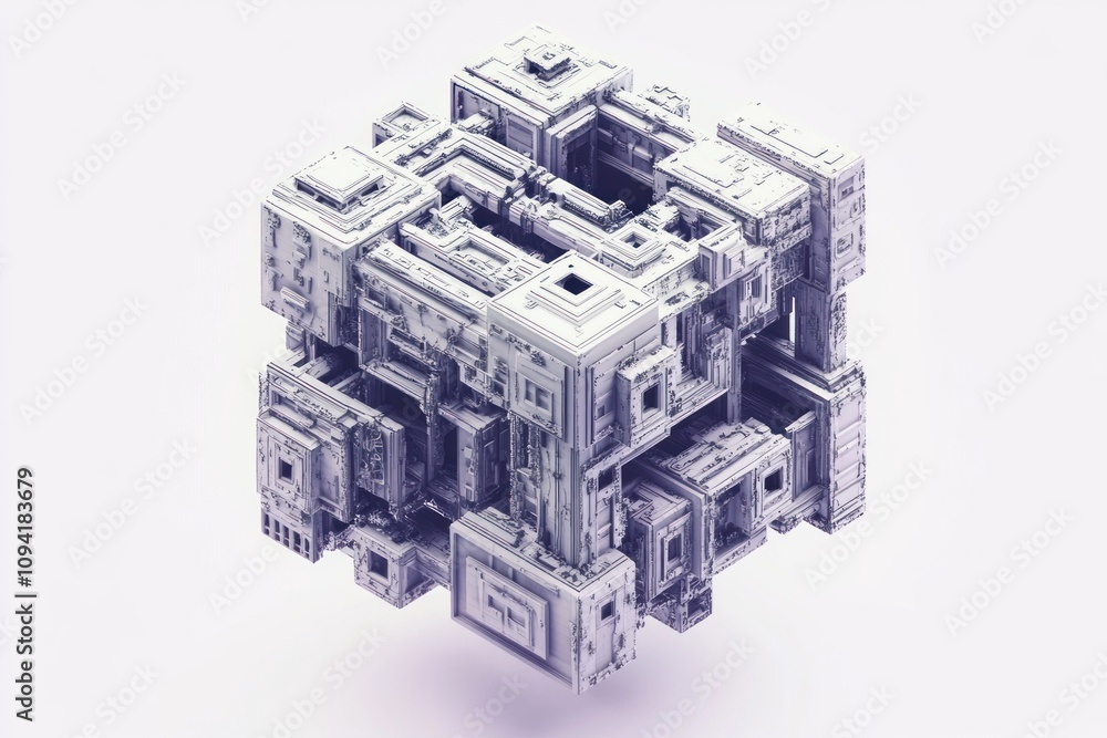 Poster abstract 3d rendering of a complex, white, cube-shaped structure with intricate internal mechanisms 