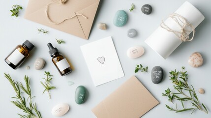 A flat lay featuring self-care essentials: essential oils, branded affirmation cards, and crafts like hand-painted stones with positive messages,
