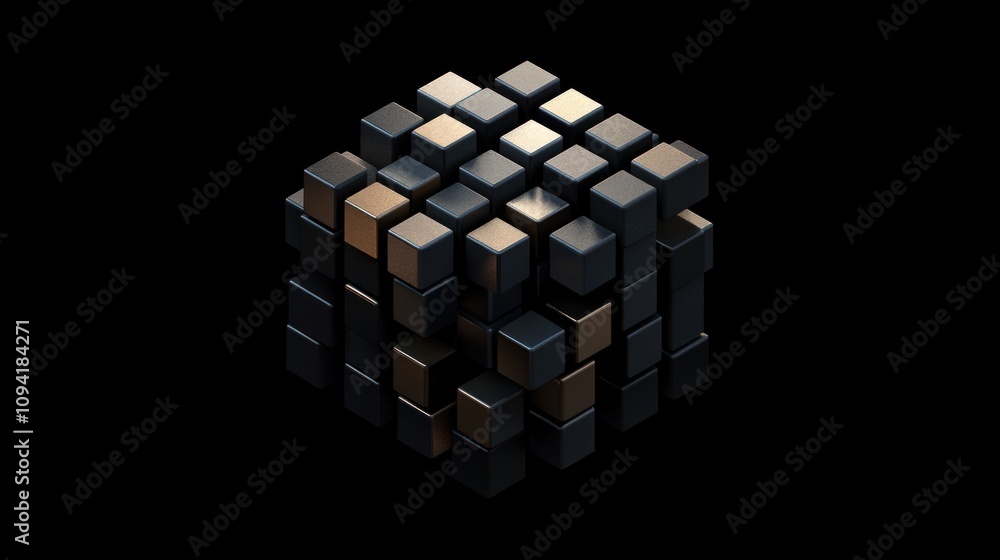 Poster abstract 3d rendering of a metallic cube composed of smaller cubes, showcasing texture and depth.