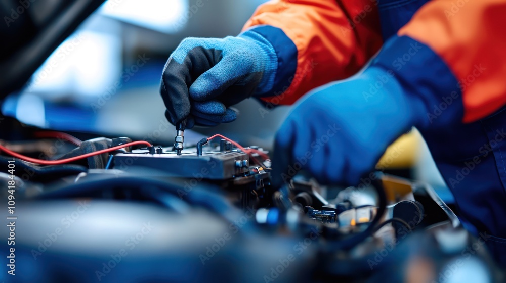 Aufkleber a mechanic working on a car engine, adjusting components with tools for maintenance.