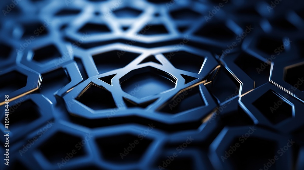 Poster abstract blue metallic hexagonal grid pattern.