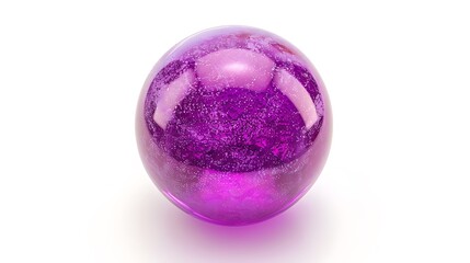 A glossy purple ball with intricate reflections, placed on a white background.