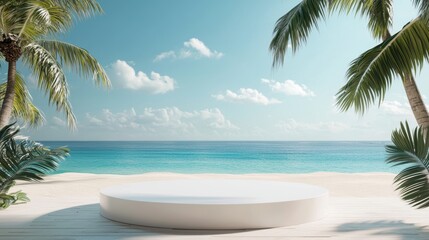 Serene Beachfront with Clear Blue Waters and Lush Palm Trees, Inviting Calmness and Tranquility for Relaxation or Media Background Use