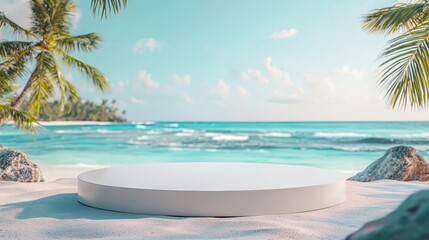 Tranquil Beach Scene with Circular Platform Surrounded by Lush Palm Trees and Vibrant Ocean in the Background Featuring Clear Blue Skies and Gentle Waves