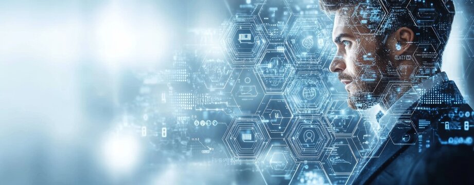 Futuristic Computer Programmer in Cybernetic Environment with Global Network and Data Technology - Powered by Adobe