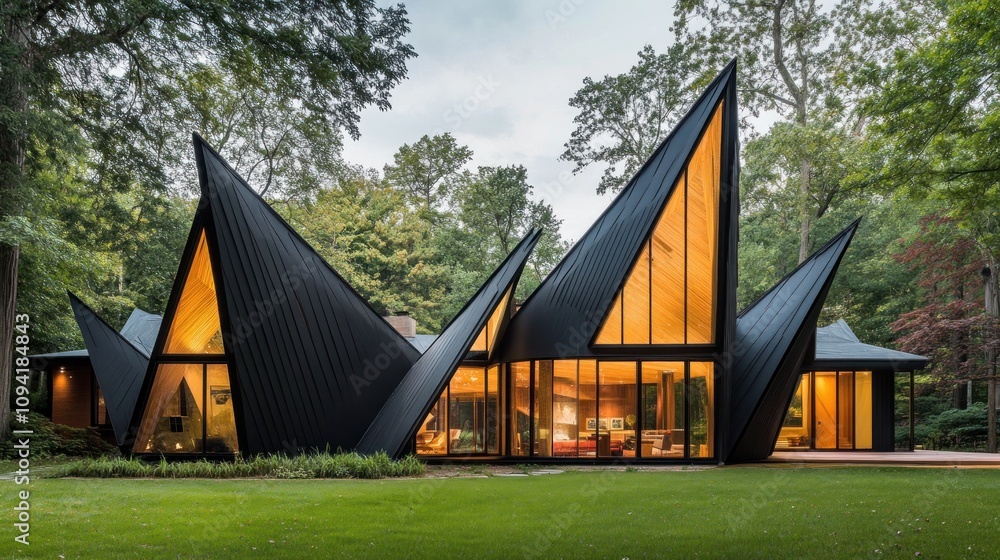 Poster Modern architectural design featuring angular black structures with large glass windows.