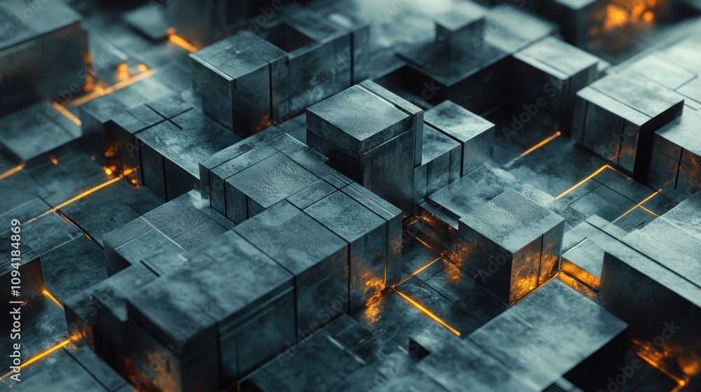 Poster abstract 3d rendering of a metallic cube structure with glowing orange lines.