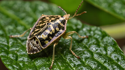 Naklejka premium A Marmorated Stink Bug (Halyomorpha halys) perched on a vibrant green leaf. Ai