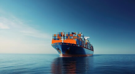 A large container ship is sailing on the sea, carrying containers stacked high with cargo and a blue sky in the background.