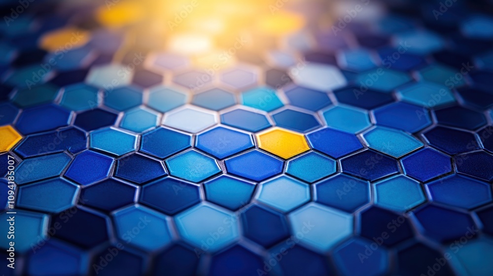 Poster abstract hexagonal pattern with blue and yellow color scheme.