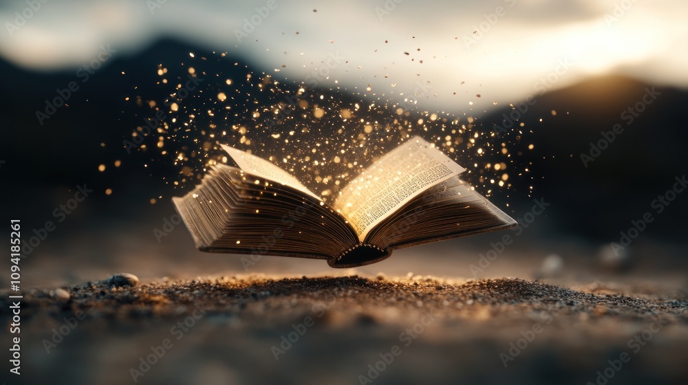 Poster an open book levitates above sand with golden sparkles emanating from its pages against a blurred ba