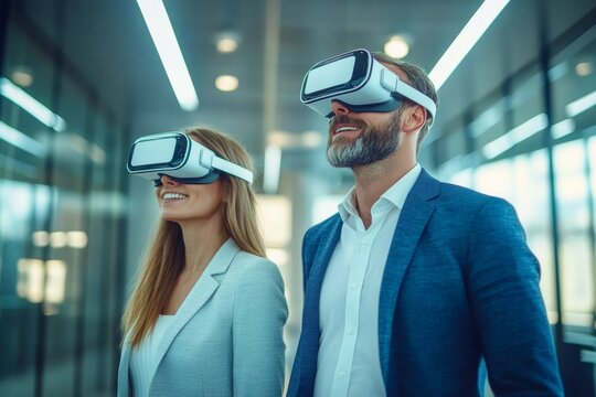 Virtual Reality Immersion in Business Office with Smiling Professionals Wearing VR Headsets