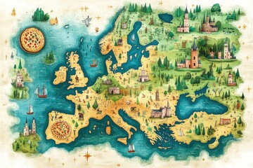Naklejka premium Whimsical Watercolor Map of Europe Featuring Castles and Pizzas
