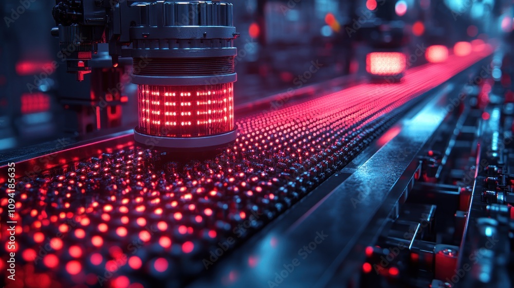 Poster automated production line with red leds