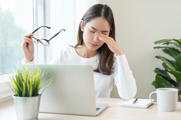Eye problem concept, fatigue asian young woman tired eyes, irritated rubbing eye dry relief vision...