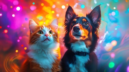 A vibrant, colorful image showcasing a cat and a dog gazing upwards, surrounded by a dreamy, illuminated background that enhances their features.