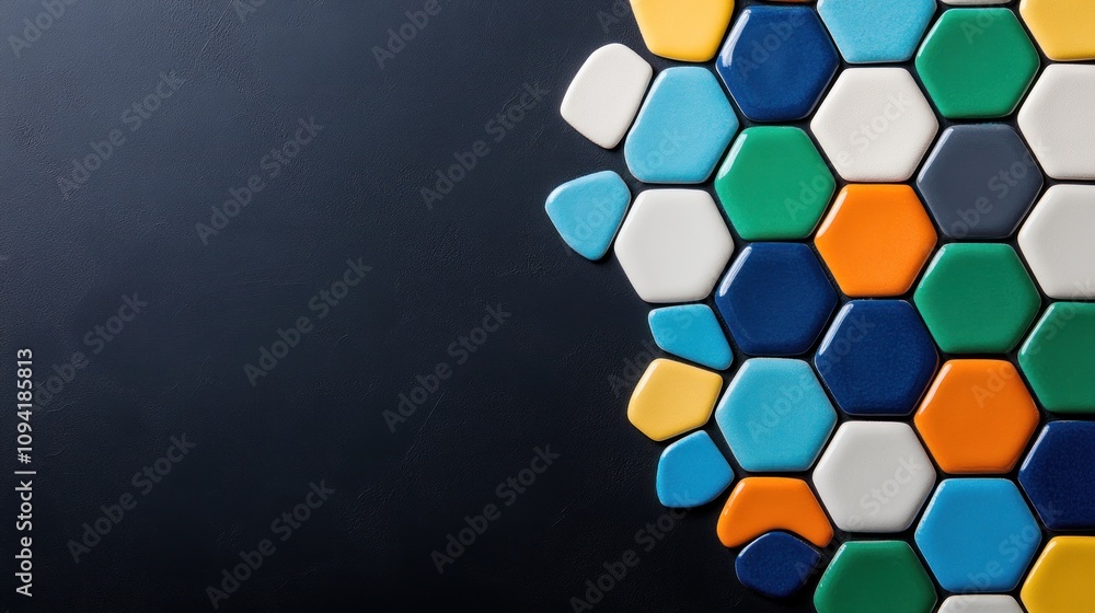 Poster colorful hexagonal tiles arranged in a honeycomb pattern on a black background, with copy space on t