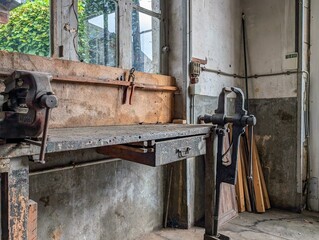Weathered workbench with tools and vise Dordogne France workshop scene